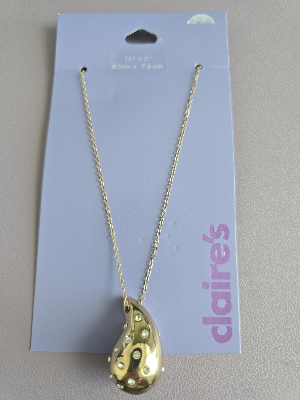 Claire's Gold Teardrop Pendant Necklace with White Accents, New with Tags!